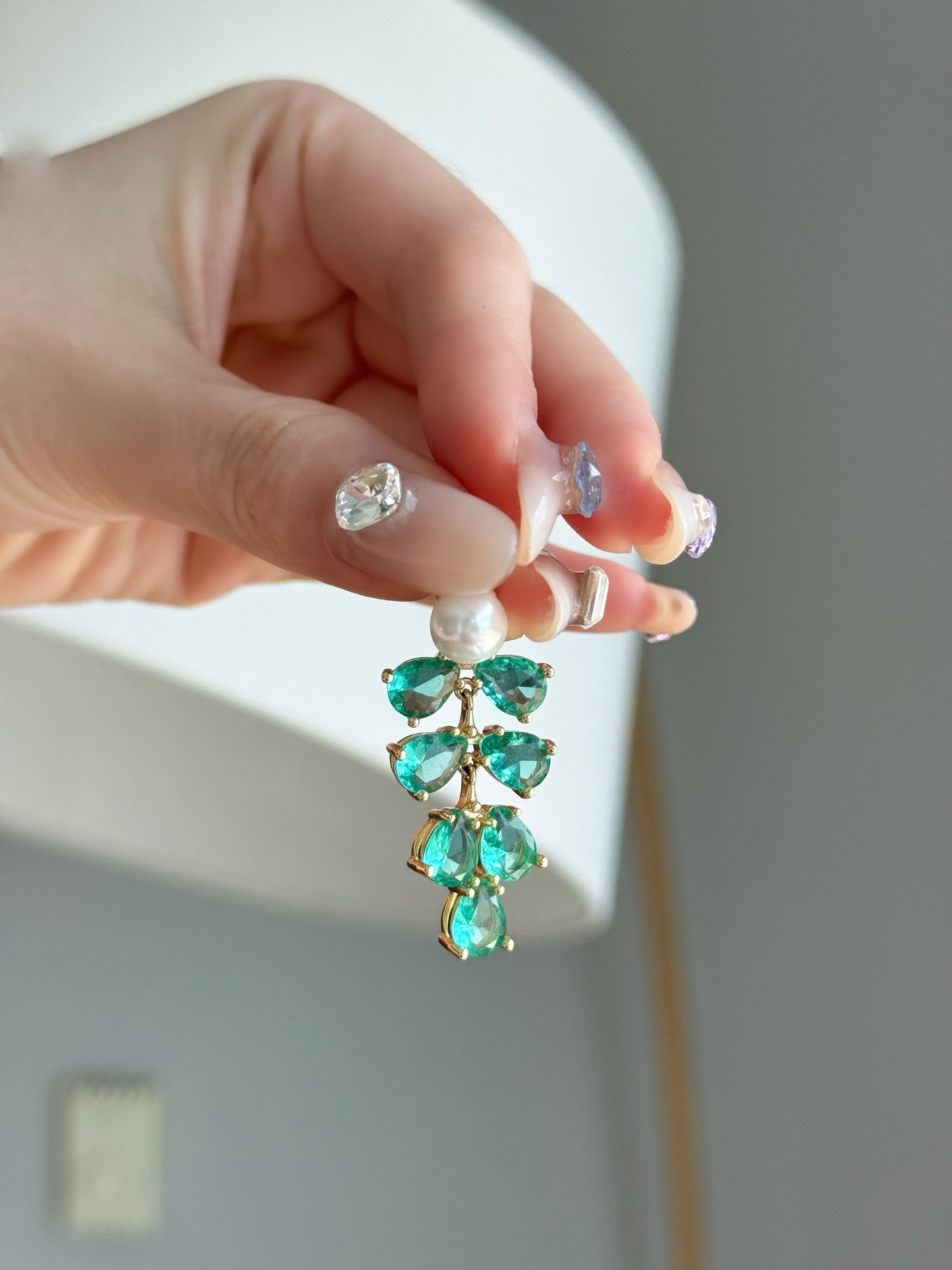 VeraPearl NewYork | Echo Green |  Natural Fine Pearls & Green Crystal Earrings